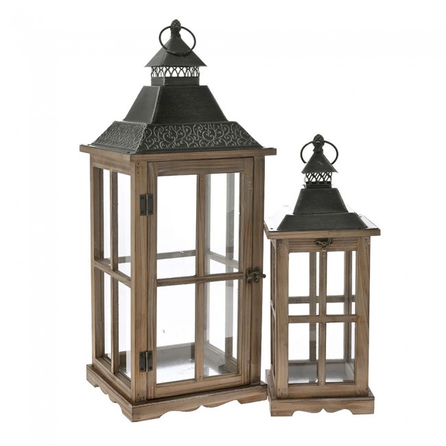 Σετ φανάρι διακοσμητικό από ξύλο/μέταλλο σε χρώμα μαύρο/καφέ 25x25x67