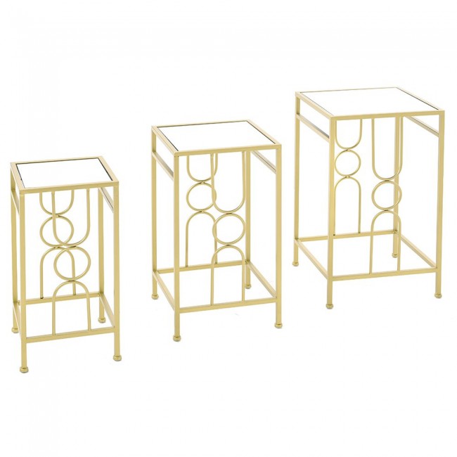 Τραπέζια βοηθητικά σετ 3τμχ από μέταλλο/γυαλί σε χρυσό χρώμα 35x35x60