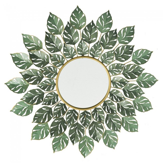 Καθρέφτης στρόγγυλος με φύλλα από μέταλλο/γυαλί σε χρώμα χρυσό/πράσινο Φ89