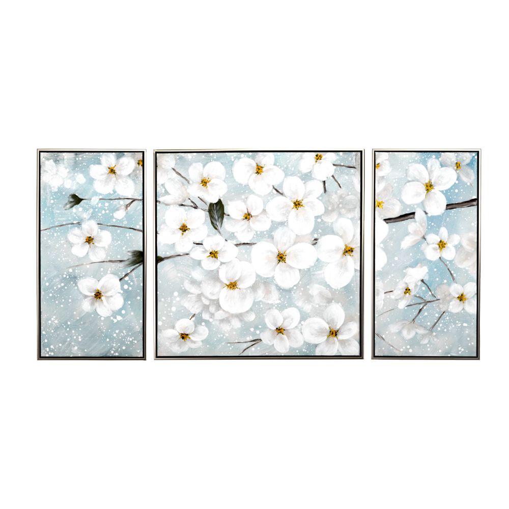 Πίνακας τρίπτυχος τυπωμένος σε καμβά με μαργαρίτες και ασημί κορνίζα 150x4,50x72,50