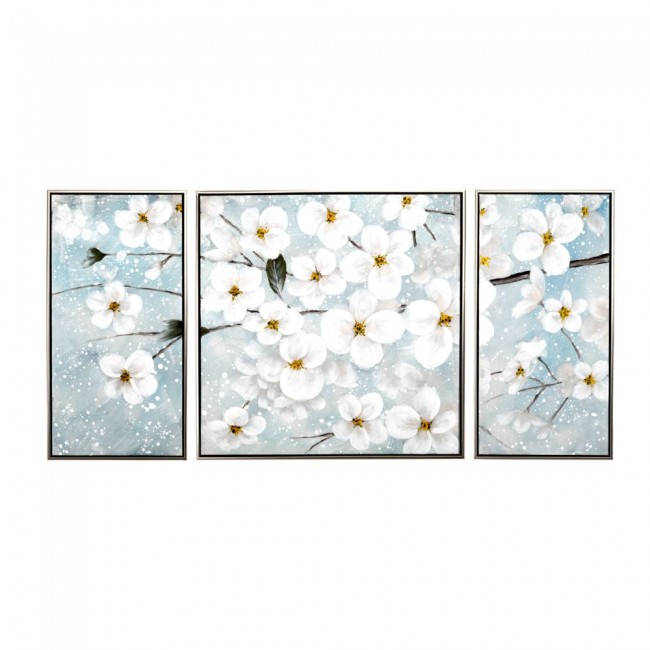 Πίνακας τρίπτυχος τυπωμένος σε καμβά με μαργαρίτες και ασημί κορνίζα 150x4,50x72,50