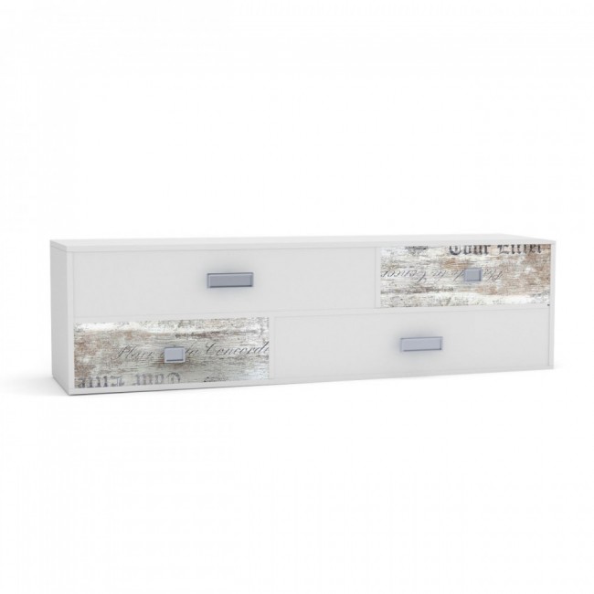 Έπιπλο TV/συρταριέρα "PUMP" σε χρώμα λευκό-λευκό αντικέ με επιγραφές 150x40x43