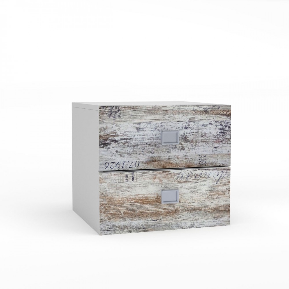 Κομοδίνο "PUMP" σε χρώμα λευκό-λευκό αντικέ με επιγραφές 45x41x43