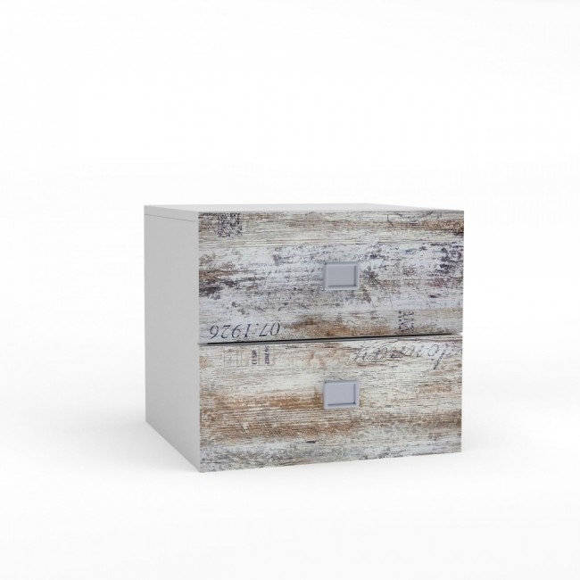 Κομοδίνο "PUMP" σε χρώμα λευκό-λευκό αντικέ με επιγραφές 45x41x43