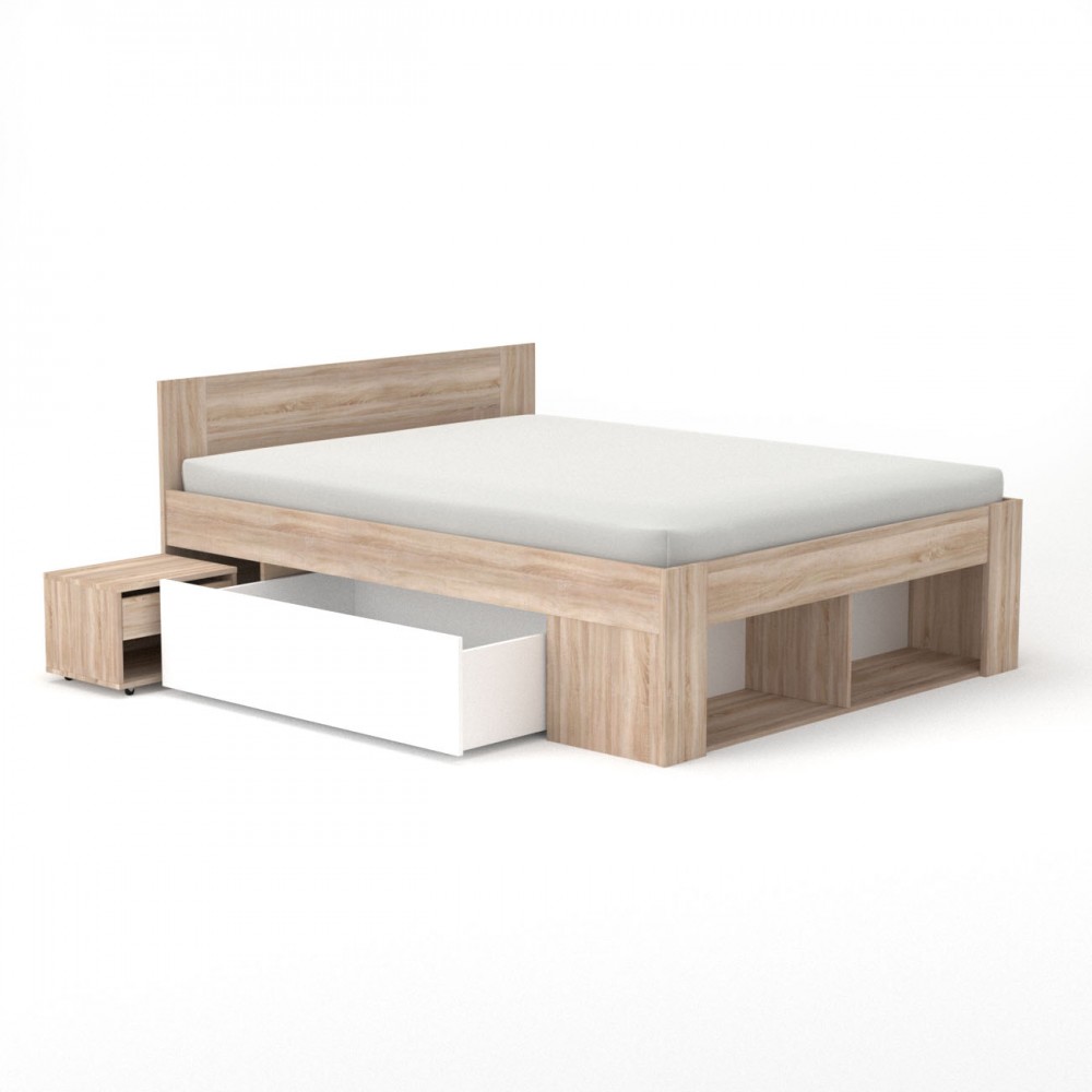 Κρεβάτι "RICO" με κομοδίνο και συρτάρια σε σονόμα-λευκό 166x205x86