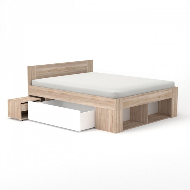 Κρεβάτι "RICO" με κομοδίνο και συρτάρια σε σονόμα-λευκό 166x205x86