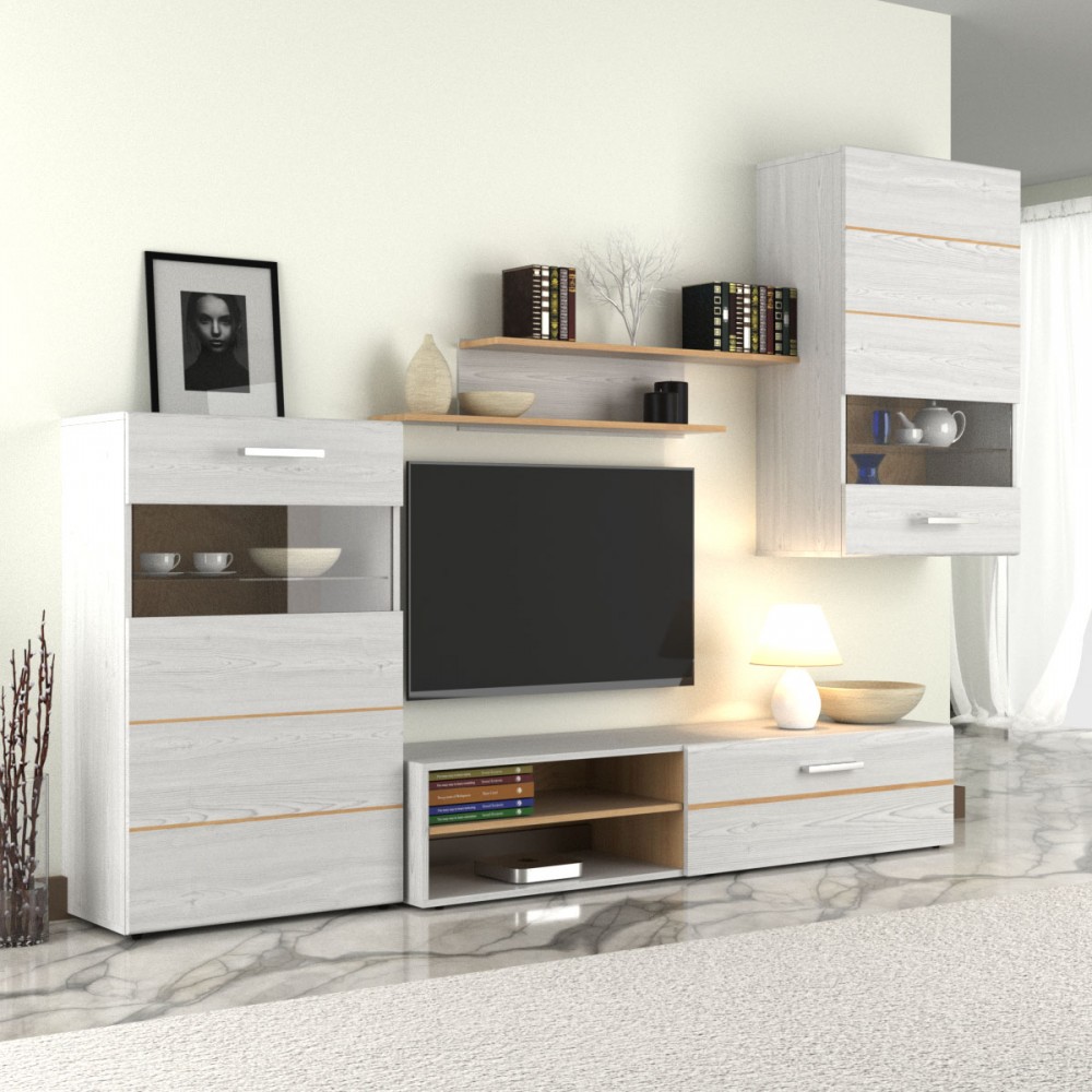 Σύνθεση σαλονιού "SOLO PINE" σε χρώμα λευκό-φυσικό δρυς 293x41x184