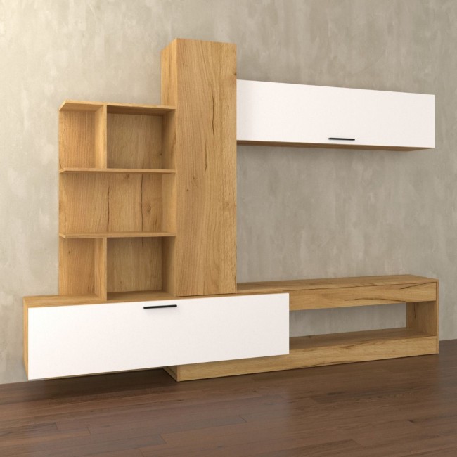 Σύνθετο τηλεόρασης "OMELA" σε χρυσό-δρυς-λευκό χρώμα 260x42x193