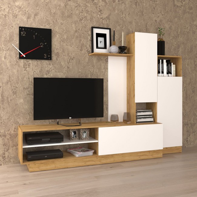 Σύνθετο τηλεόρασης "MELISA" σε χρυσό-δρυς-λευκό χρώμα 240x45x180