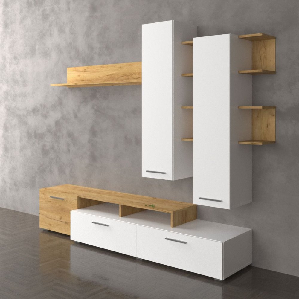 Σύνθετο τηλεόρασης "ASTIN" σε χρυσό-δρυς-λευκό χρώμα 203x45.3x180