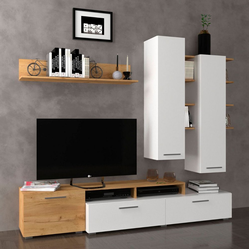 Σύνθετο τηλεόρασης "ASTIN" σε χρυσό-δρυς-λευκό χρώμα 203x45.3x180