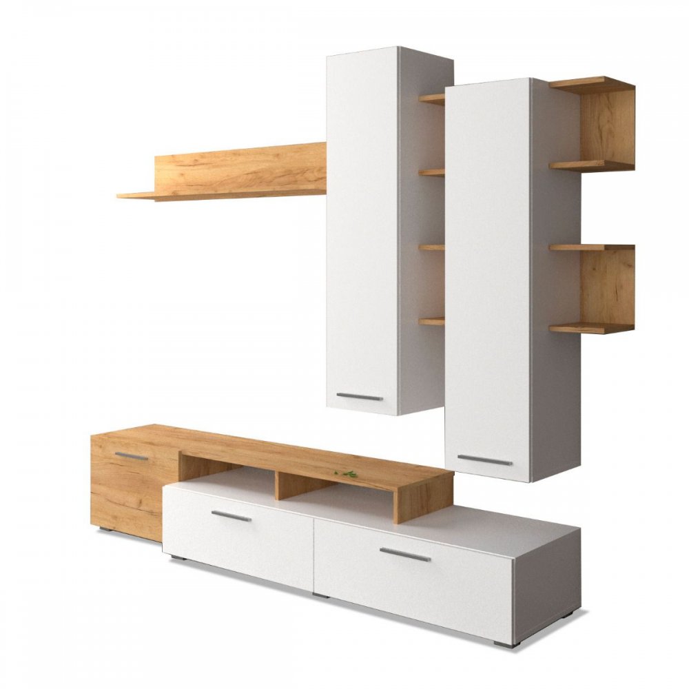 Σύνθετο τηλεόρασης "ASTIN" σε χρυσό-δρυς-λευκό χρώμα 203x45.3x180