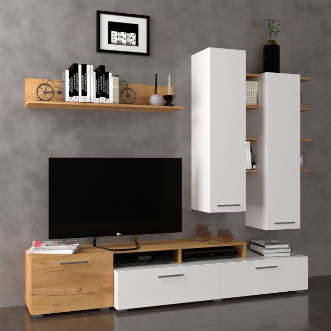 Σύνθετο τηλεόρασης "ASTIN" σε χρυσό-δρυς-λευκό χρώμα 203x45.3x180