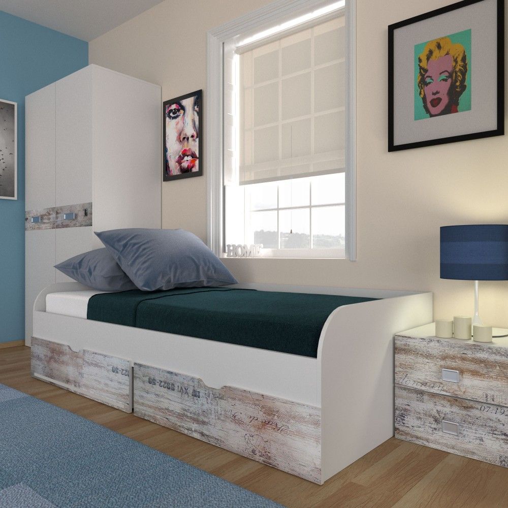 Kρεβάτι μονό "PUMP" με δύο συρτάρια σε λευκό χρώμα 90x200