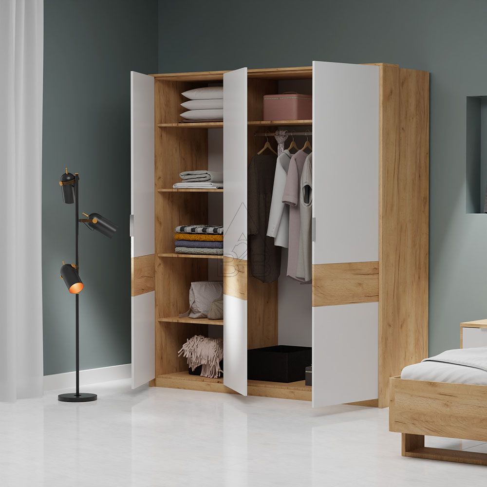 Ντουλάπα τρίφυλλη "AVANTI" σε χρυσό δρυς/λευκό χρώμα 184.8x65.6x214.2