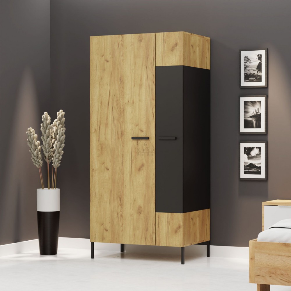 Ντουλάπα δίφυλλη "SANTES" σε χρυσό δρυς/γραφίτης χρώμα 90x60x197.5