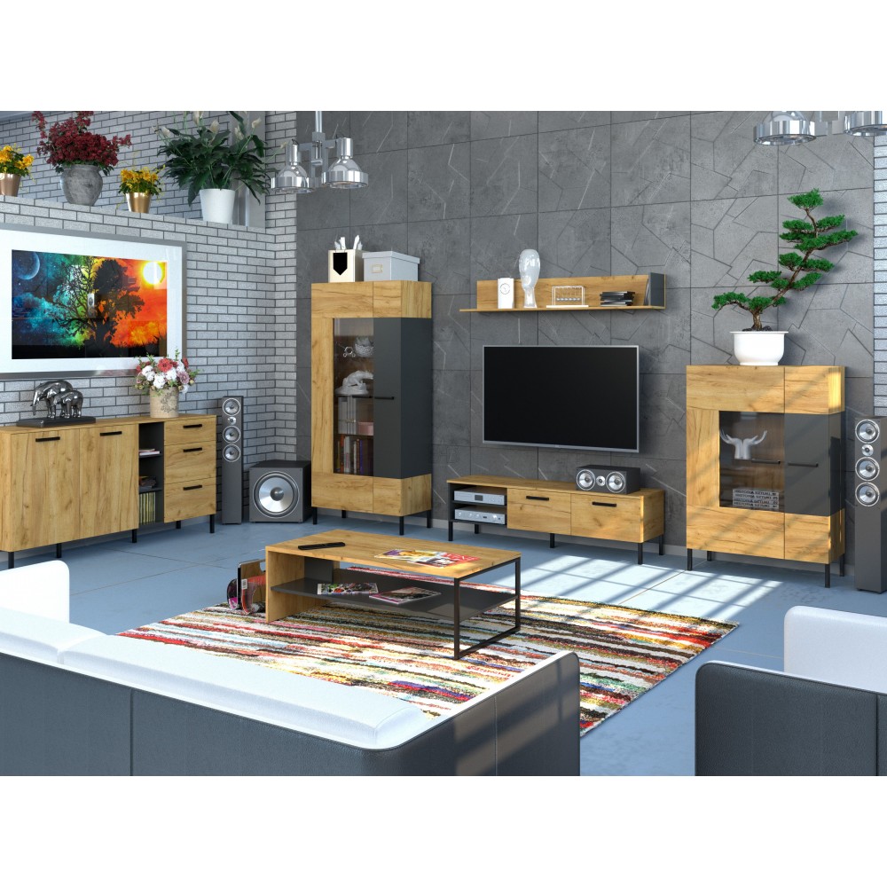 Έπιπλο τηλεόρασης "SANTES" σε χρυσό δρυς-γραφίτη χρώμα 155x42x46