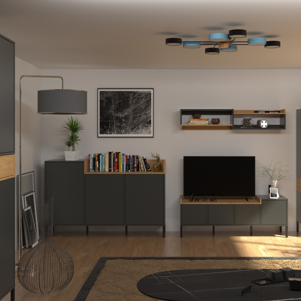 Έπιπλο τηλεόρασης "BERIL" σε ανθρακί/χρυσό δρυς χρώμα 138.6x42x49.8