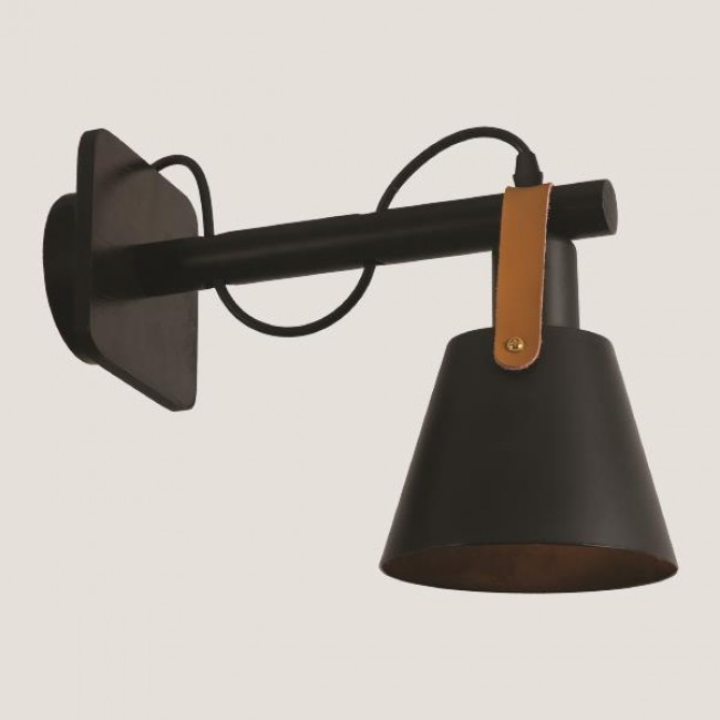 Απλίκα τοίχου από μέταλλο/δέρμα σε χρώμα μαύρο/καφέ Ε27 Φ15x31x21.75