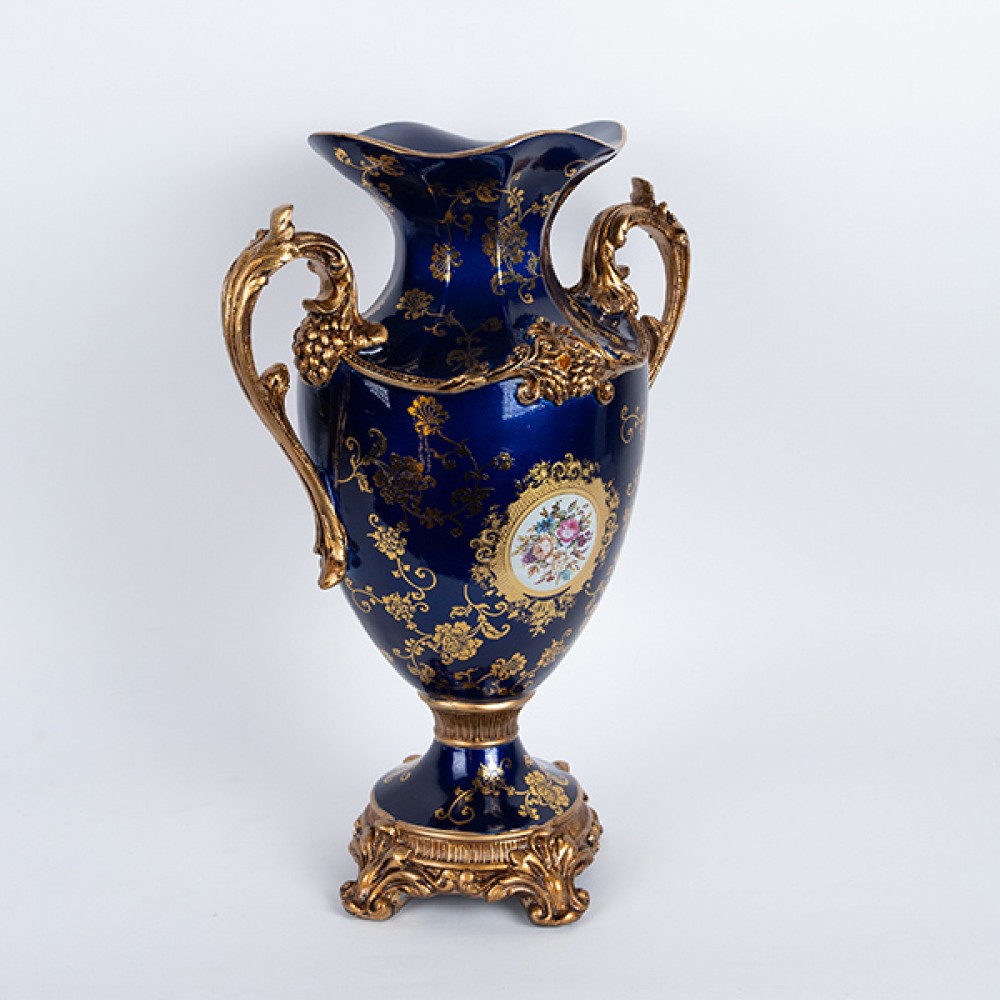 Βάζο από πορσελάνη/πολυρεζίν σε χρώμα μπλε με λουλούδια 34.5x20x48