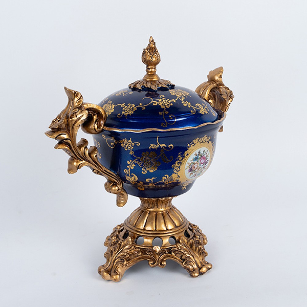 Φοντανιέρα από πορσελάνη/πολυρεζίν σε χρώμα μπλε με λουλούδια 39x22x35