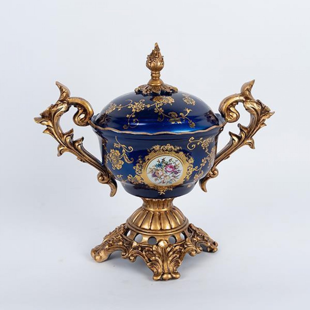 Φοντανιέρα από πορσελάνη/πολυρεζίν σε χρώμα μπλε με λουλούδια 39x22x35