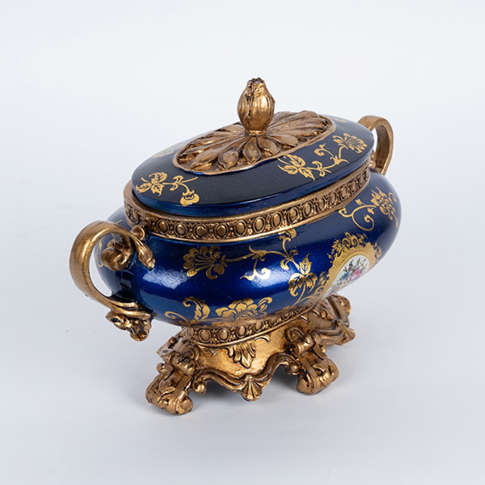 Φοντανιέρα από πορσελάνη/πολυρεζίν σε χρώμα μπλε με λουλούδια 27x20x18