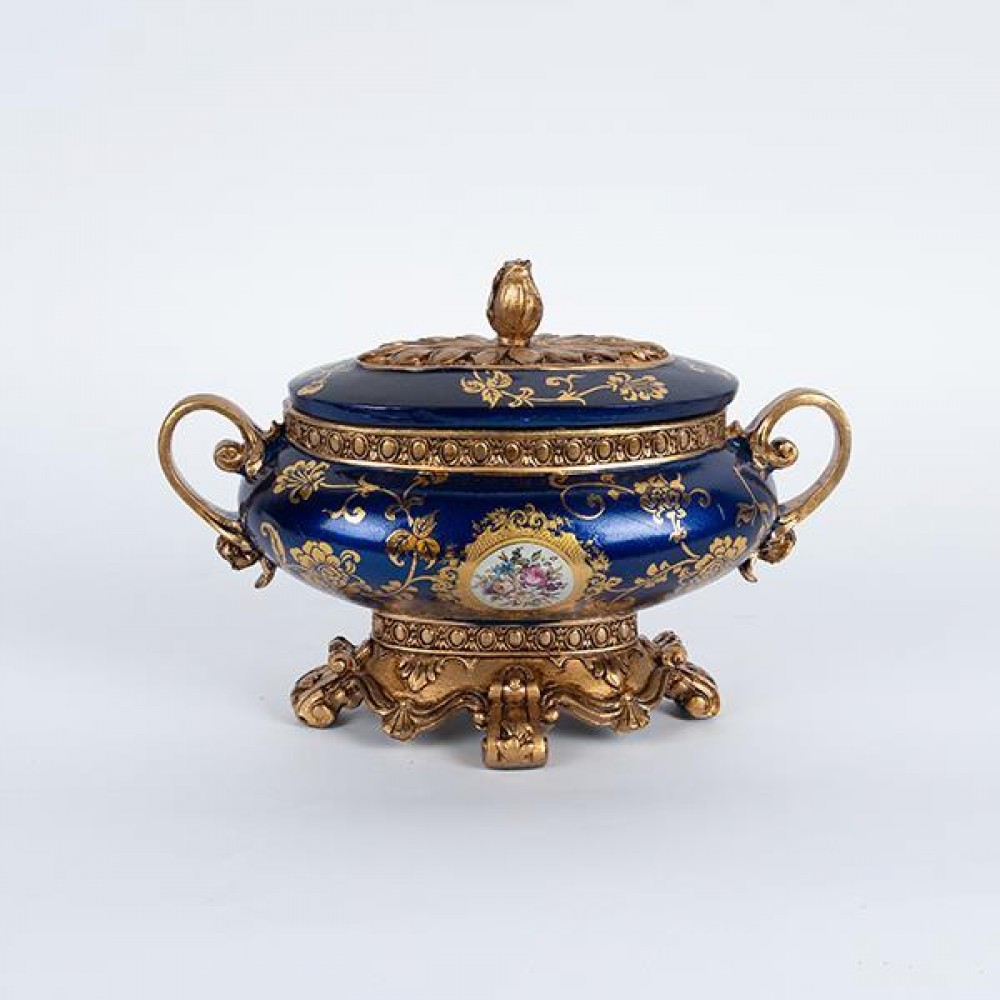 Φοντανιέρα από πορσελάνη/πολυρεζίν σε χρώμα μπλε με λουλούδια 27x20x18