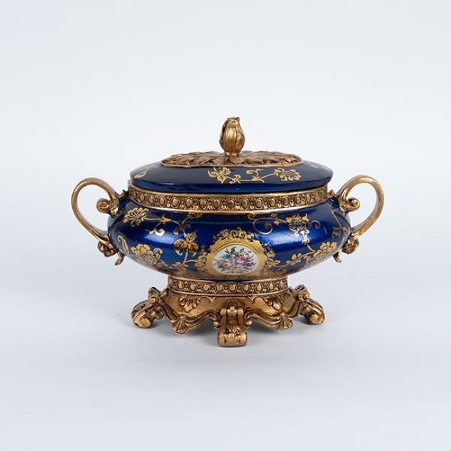 Φοντανιέρα από πορσελάνη/πολυρεζίν σε χρώμα μπλε με λουλούδια 27x20x18