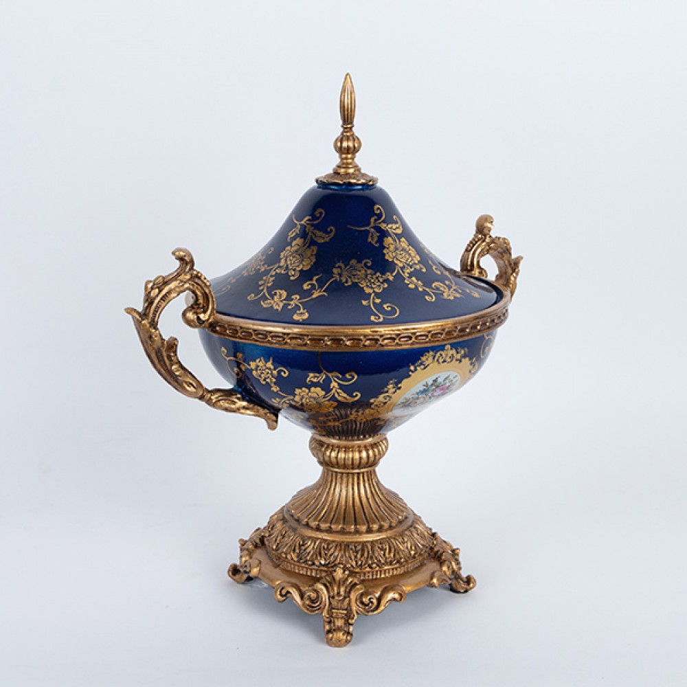 Φοντανιέρα από πορσελάνη/πολυρεζίν σε χρώμα μπλε με λουλούδια 37x25x50