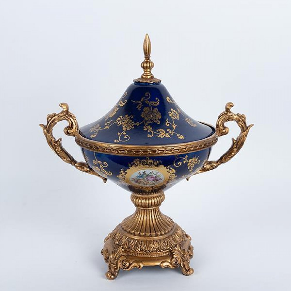 Φοντανιέρα από πορσελάνη/πολυρεζίν σε χρώμα μπλε με λουλούδια 37x25x50