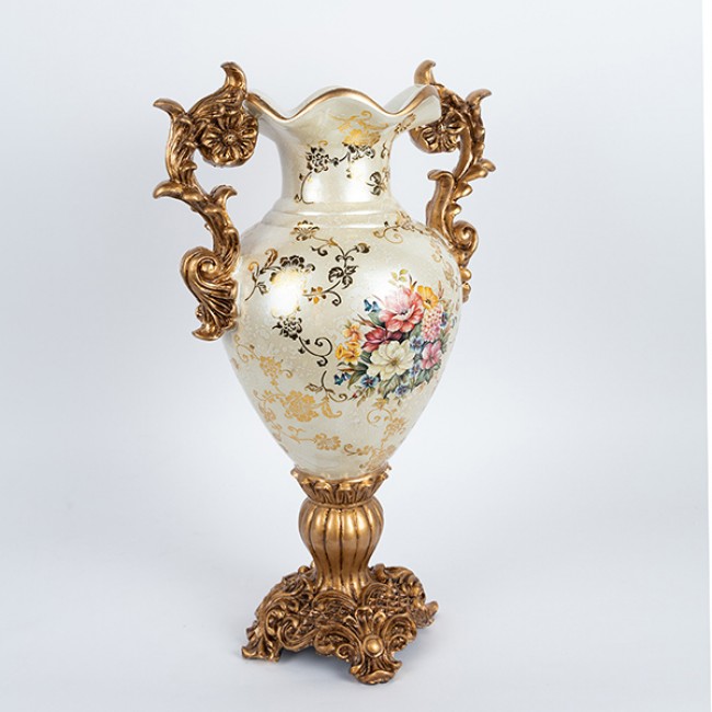 Βάζο από πορσελάνη/πολυρεζίν σε χρώμα χρυσό με λουλούδια 34x22x50