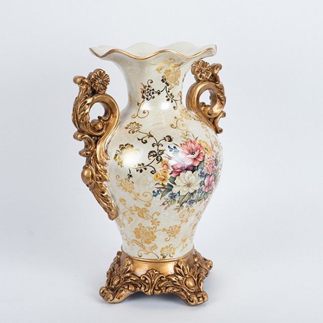 Βάζο από πορσελάνη/πολυρεζίν σε χρώμα χρυσό με λουλούδια 25x18x34.5