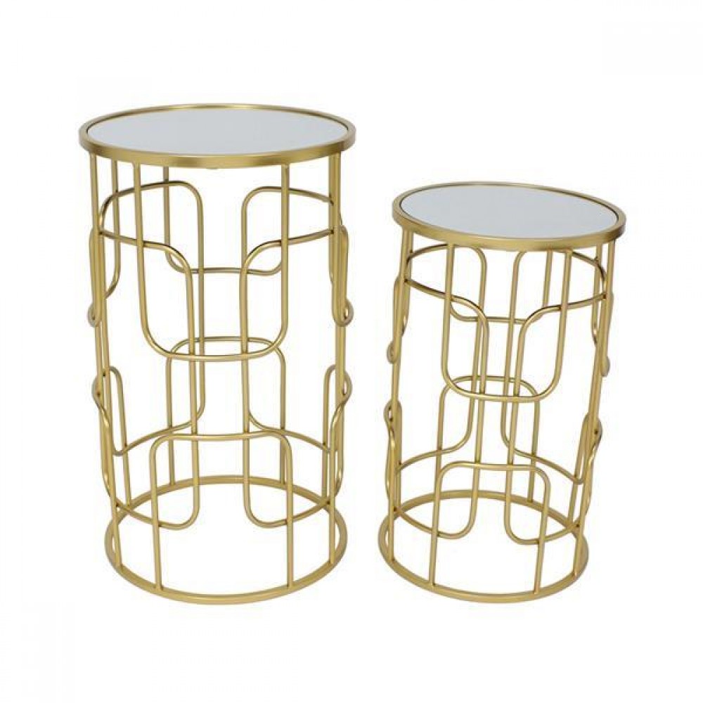 Σετ τραπέζια 2τμχ από μέταλλο/γυαλί σε χρώμα χρυσό Φ35.5x61