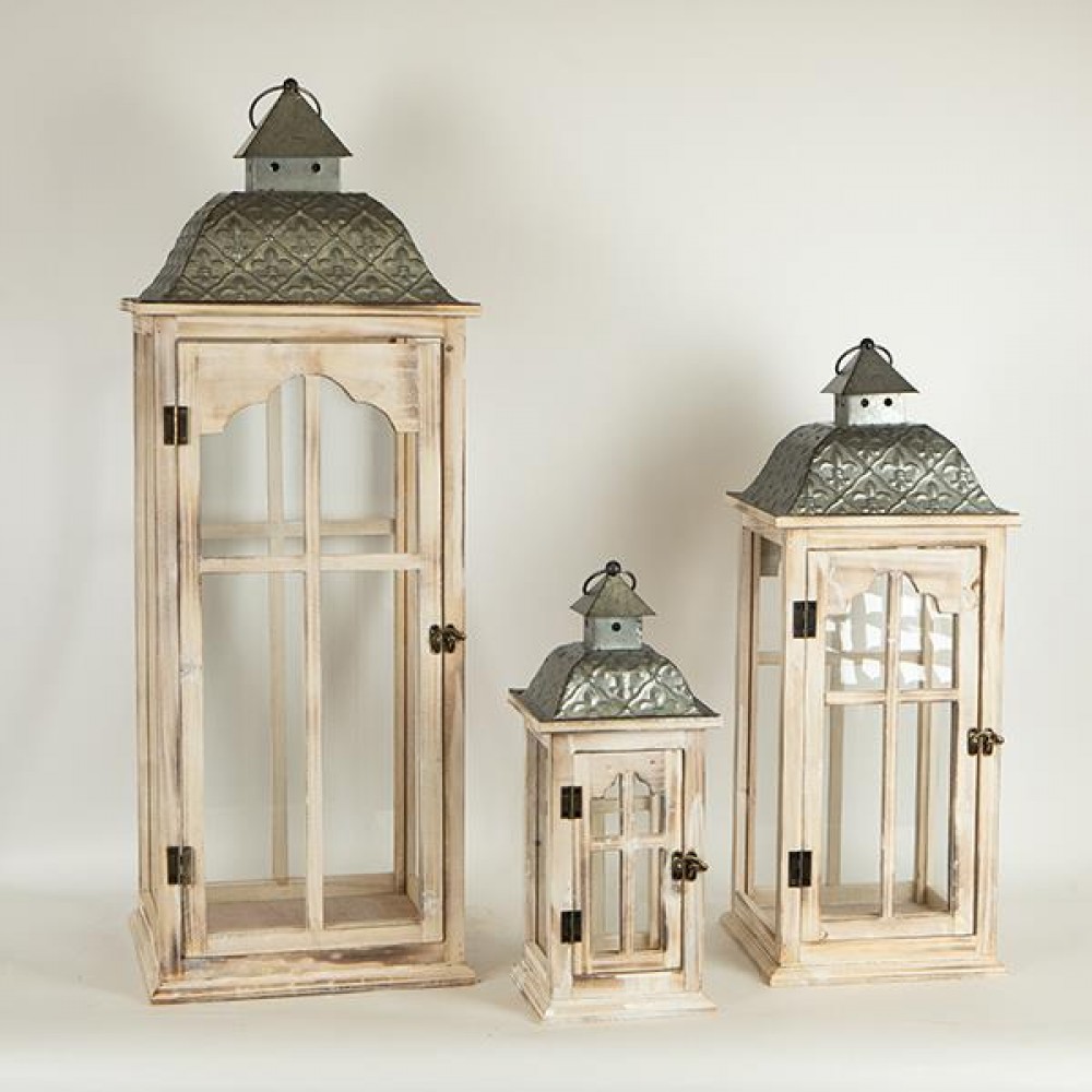 Σετ φανάρια 3τμχ από ξύλο/μέταλλο σε χρώμα φυσικό/ανθρακί 30.5x30.5x86
