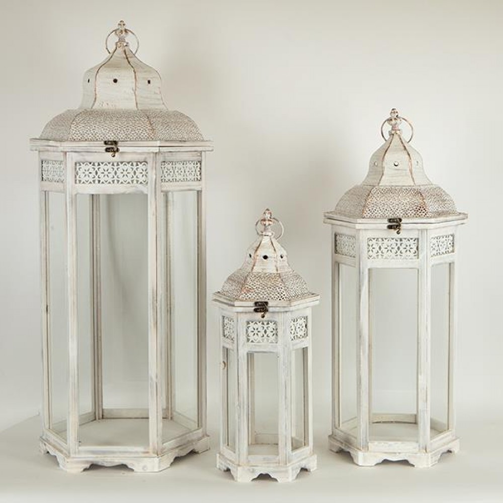 Σετ φανάρια 3τμχ από ξύλο/μέταλλο σε χρώμα λευκό 37.5x32x91