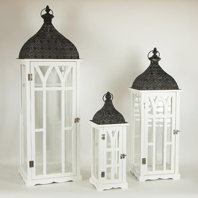 Σετ φανάρια 3τμχ από ξύλο/μέταλλο σε χρώμα λευκό/μαύρο 31.5x31.5x97