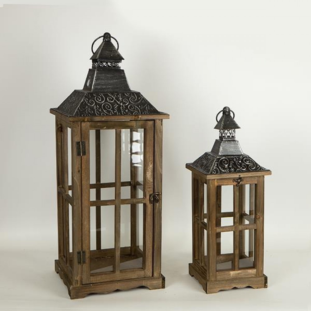Σετ φανάρια 2τμχ από ξύλο/μέταλλο σε χρώμα σκούρο καφέ 24.5x24.5x66.5