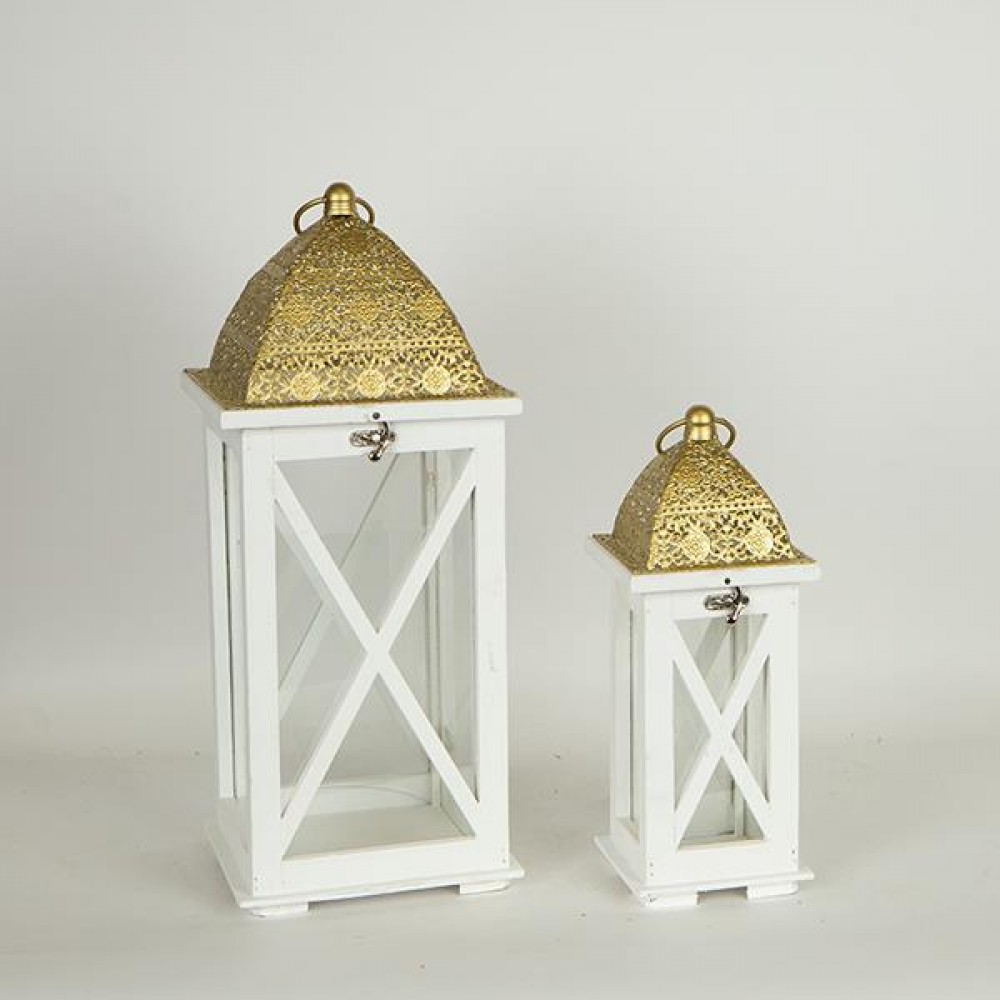 Σετ φανάρια 2τμχ από ξύλο/μέταλλο σε χρώμα λευκό/χρυσό 22x22x54.5