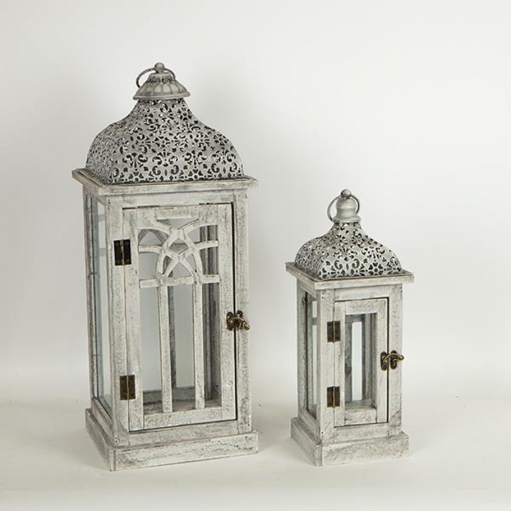 Σετ φανάρια 2τμχ από ξύλο/μέταλλο σε χρώμα γκρι 22x22x54.5