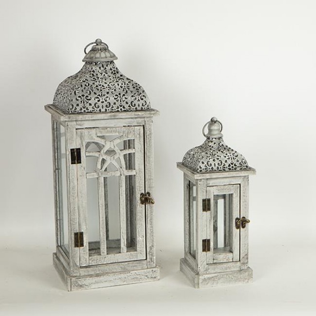 Σετ φανάρια 2τμχ από ξύλο/μέταλλο σε χρώμα γκρι 22x22x54.5