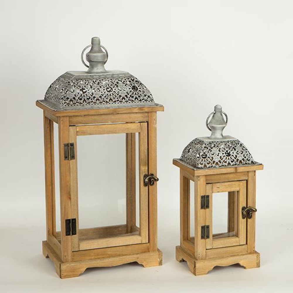 Σετ φανάρια 2τμχ από ξύλο/μέταλλο σε χρώμα καφέ/γκρι 22.5x18.5x48