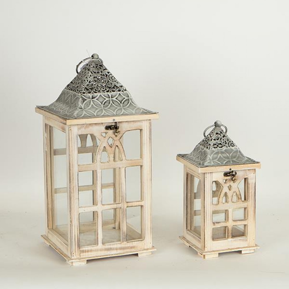 Σετ φανάρια 2τμχ από ξύλο/μέταλλο σε χρώμα φυσικό/γκρι 19x19x40.5