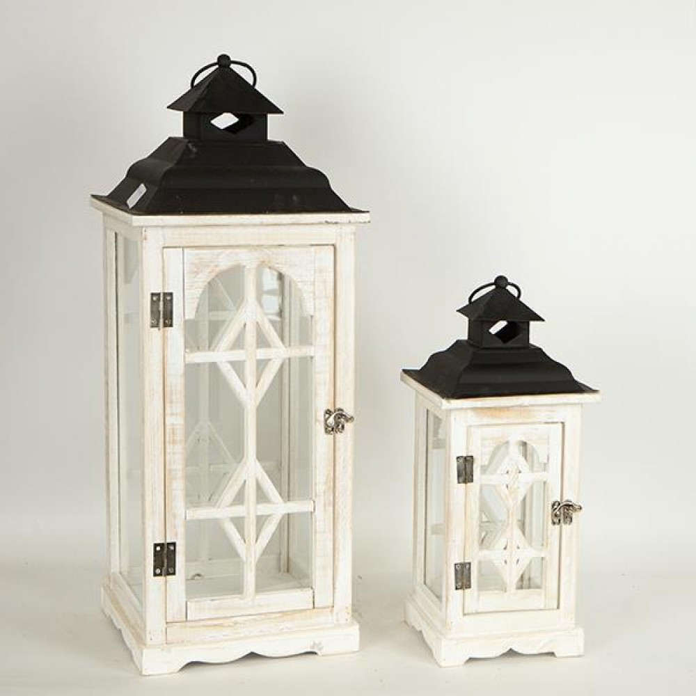 Σετ φανάρια 2τμχ από ξύλο/μέταλλο σε χρώμα λευκό/μαύρο 24x24x62