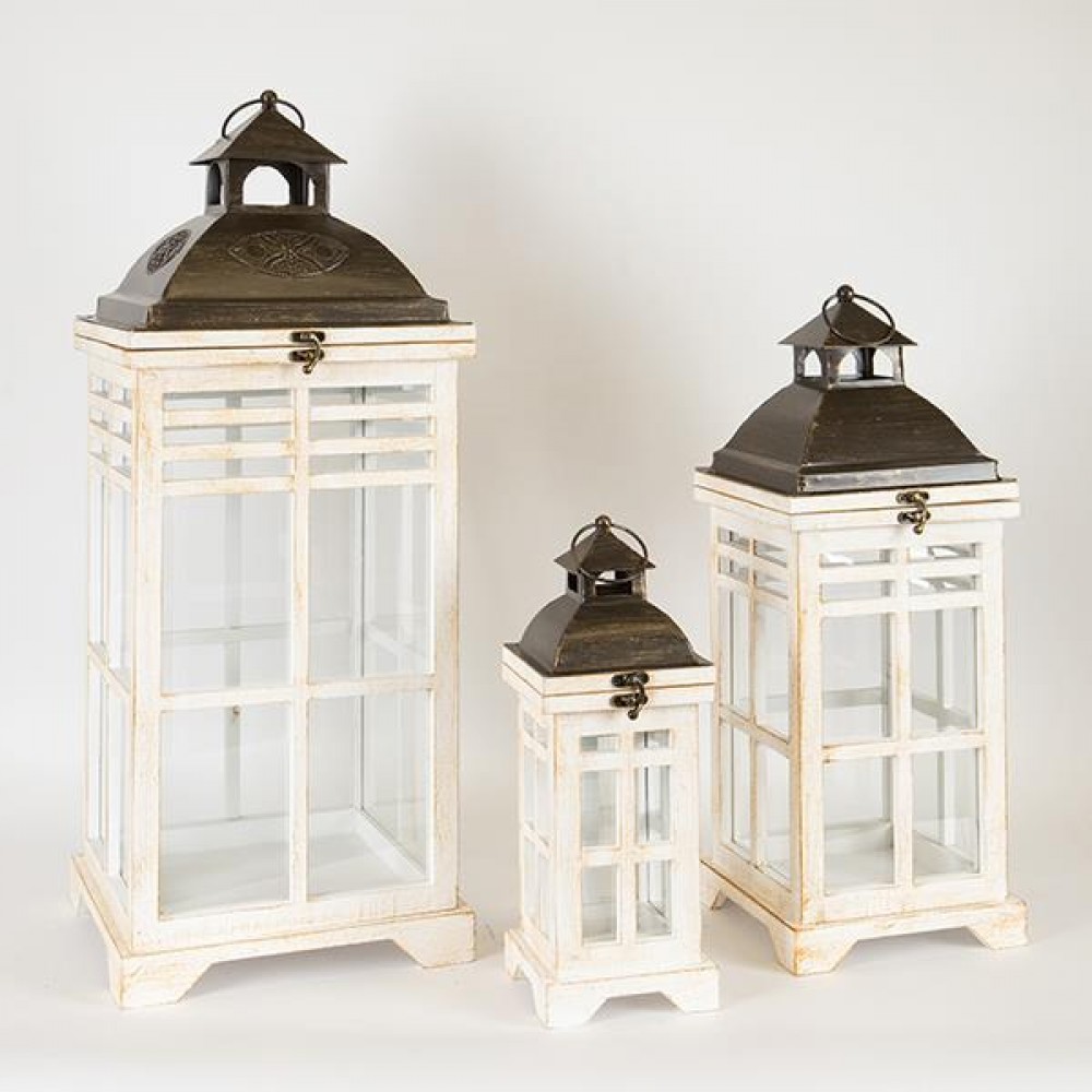 Σετ φανάρια 3τμχ από ξύλο/μέταλλο σε χρώμα λευκό/μαύρο 26x26x67
