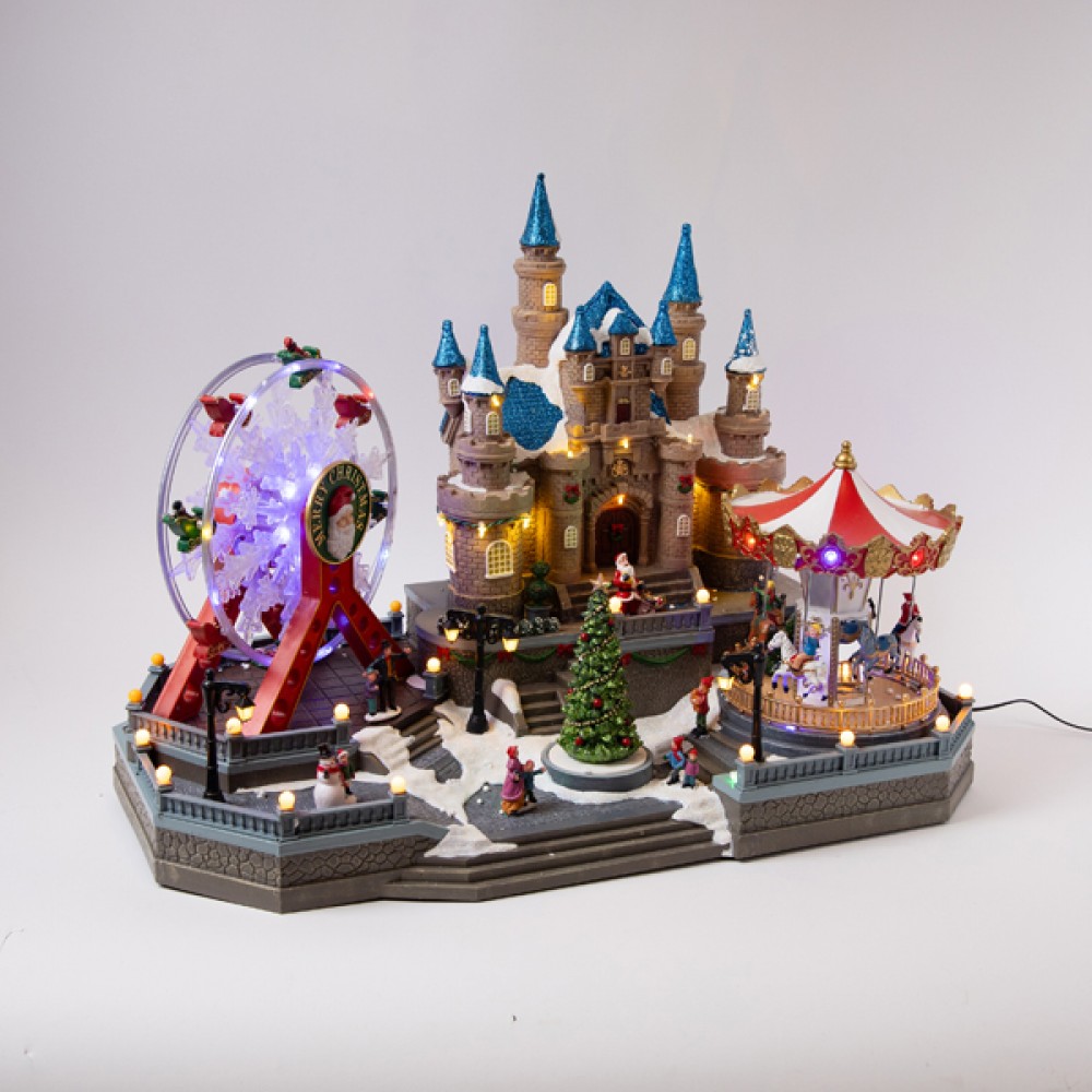 Παραμυθένιο κάστρο φωτιζόμενο από πολυρεζίνη με ρόδα και καρουζέλ 47x62x36.5