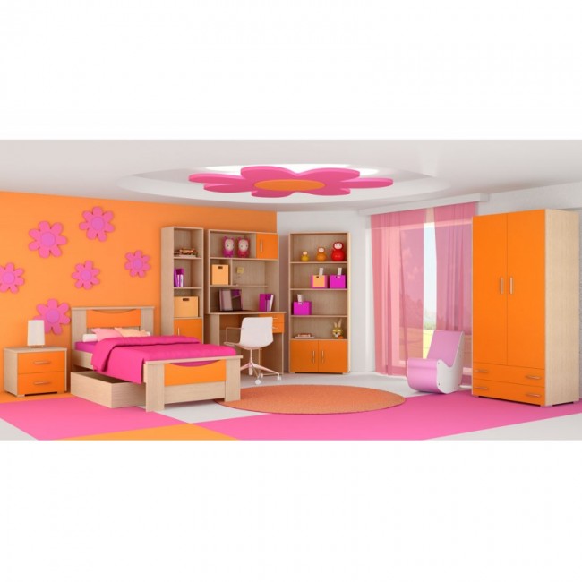 Παιδικό δωμάτιο "ΧΑΜΟΓΕΛΟ" σετ 9 τμχ σε χρώμα δρυς-κόκκινο