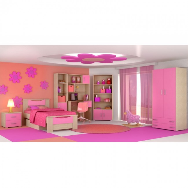 Παιδικό δωμάτιο "ΧΑΜΟΓΕΛΟ" σετ 9 τμχ σε χρώμα δρυς-ροζ