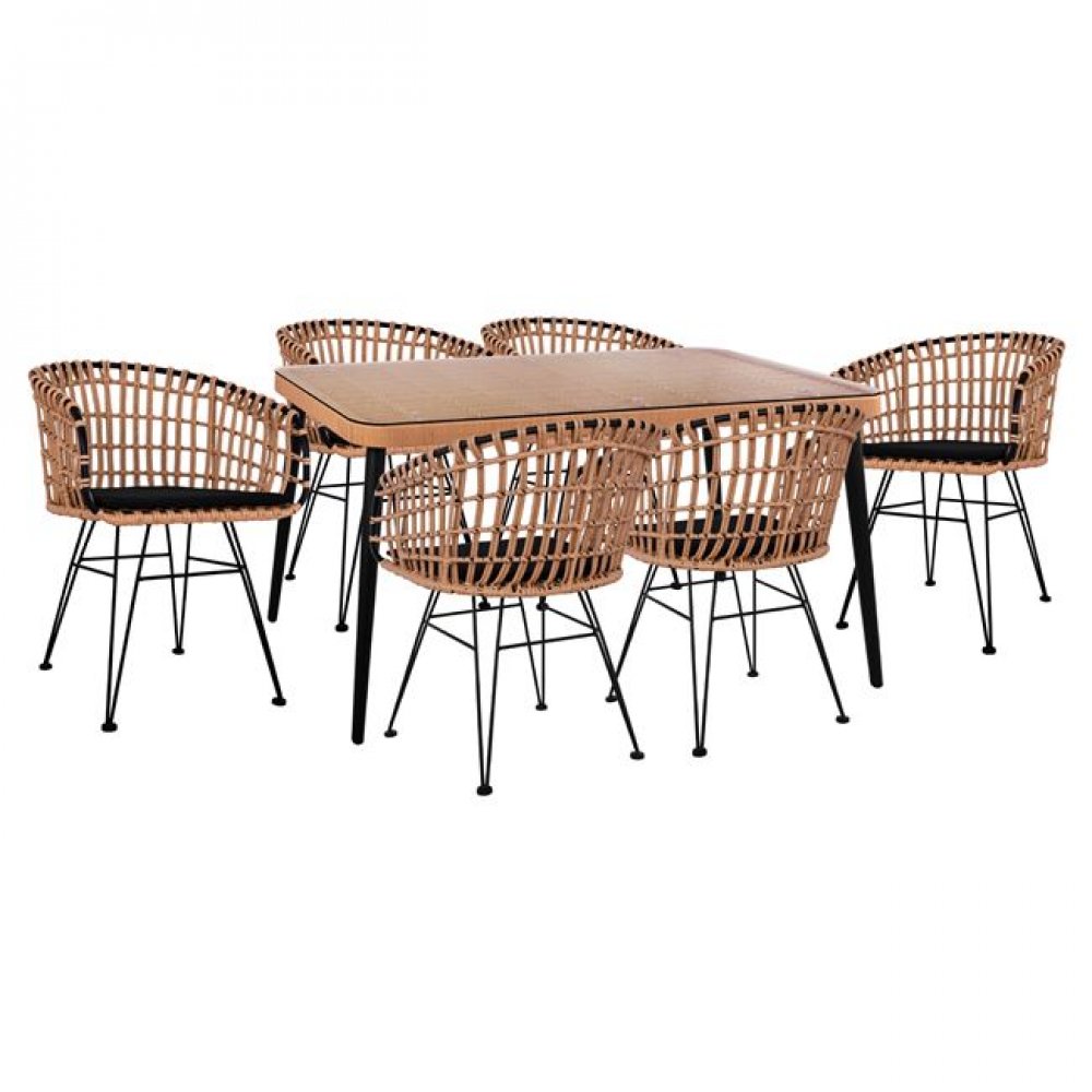 Σετ τραπεζαρίας "ALLEGRA" 7 τμχ από wicker σε χρώμα μπεζ/μαύρο 160x90x78