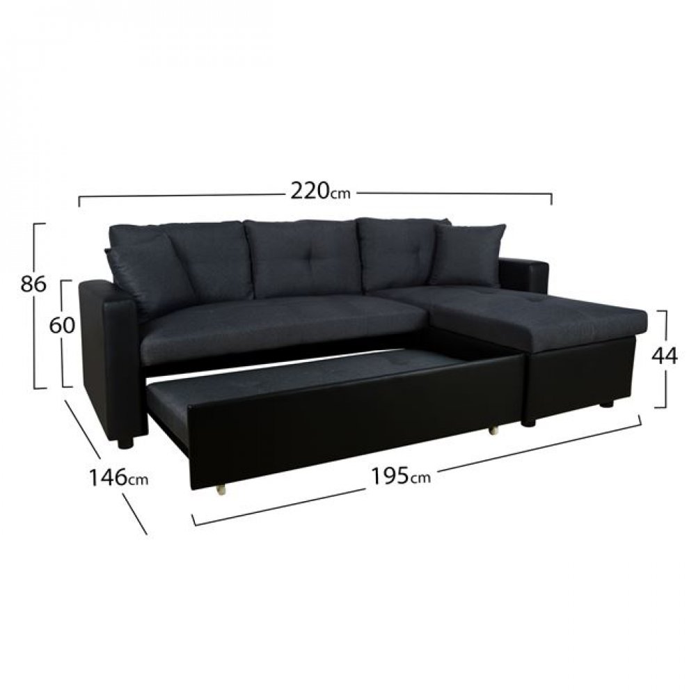 Καναπές γωνιακός-κρεβάτι από ύφασμα/PU σε χρώμα γκρι/μαύρο 220x146x86